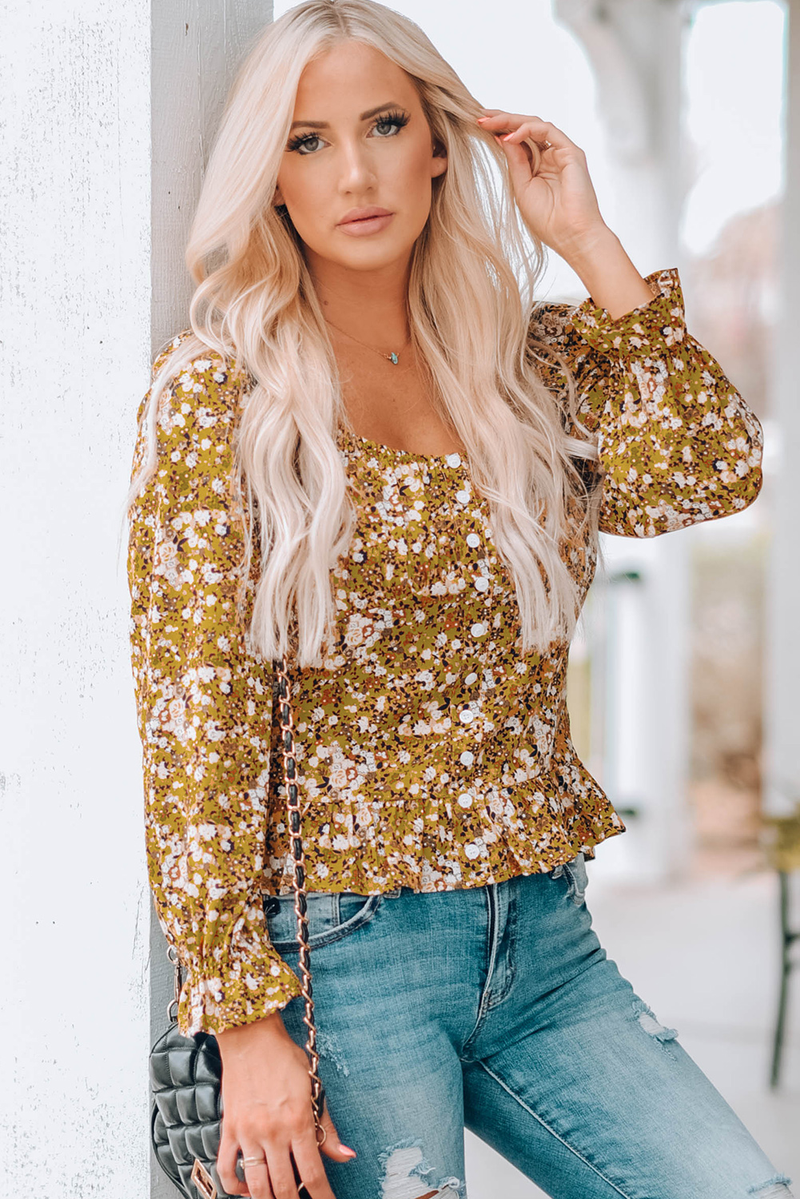 Yellow Square Neck Smocked Floral Top