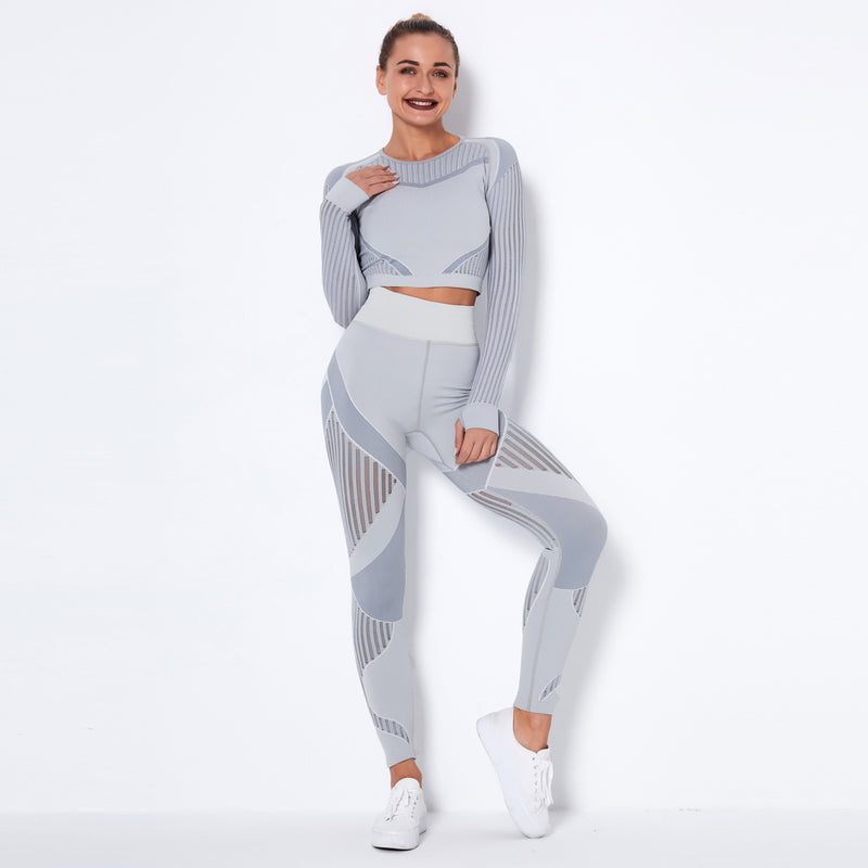 New  Seamless Net Hole Quick-Drying Sports Yoga Long Sleeve Striped Fitness Trousers Yoga Suit