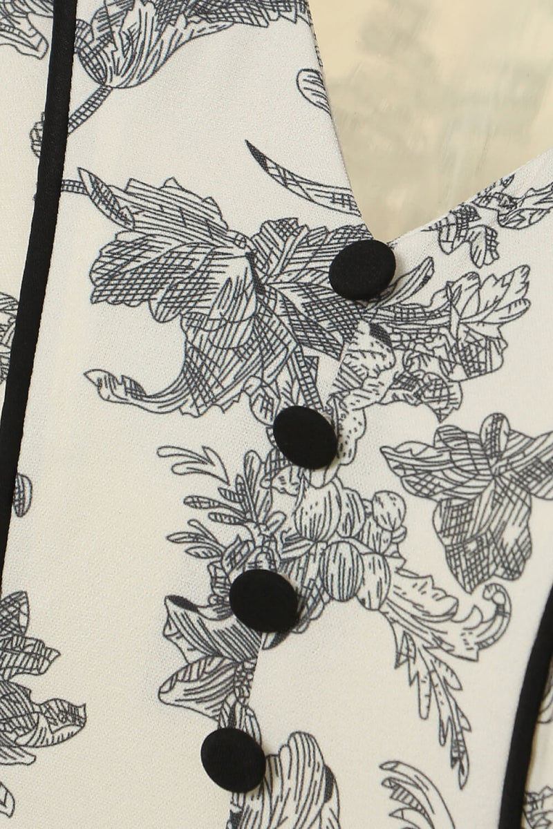 Floral Contrast Stitching Decorative Button Dress