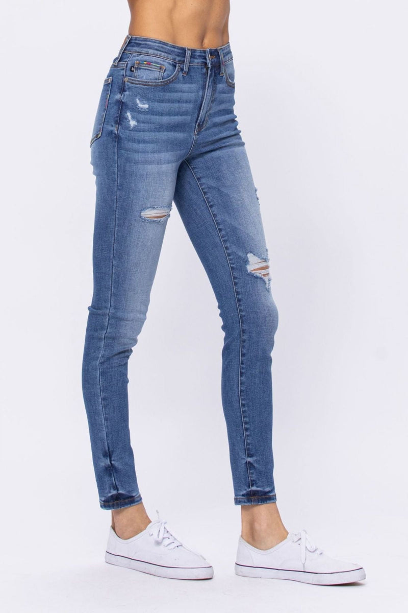 Light Blue Embroidery Pocket Distressed Skinny Jeans By Judy Blue
