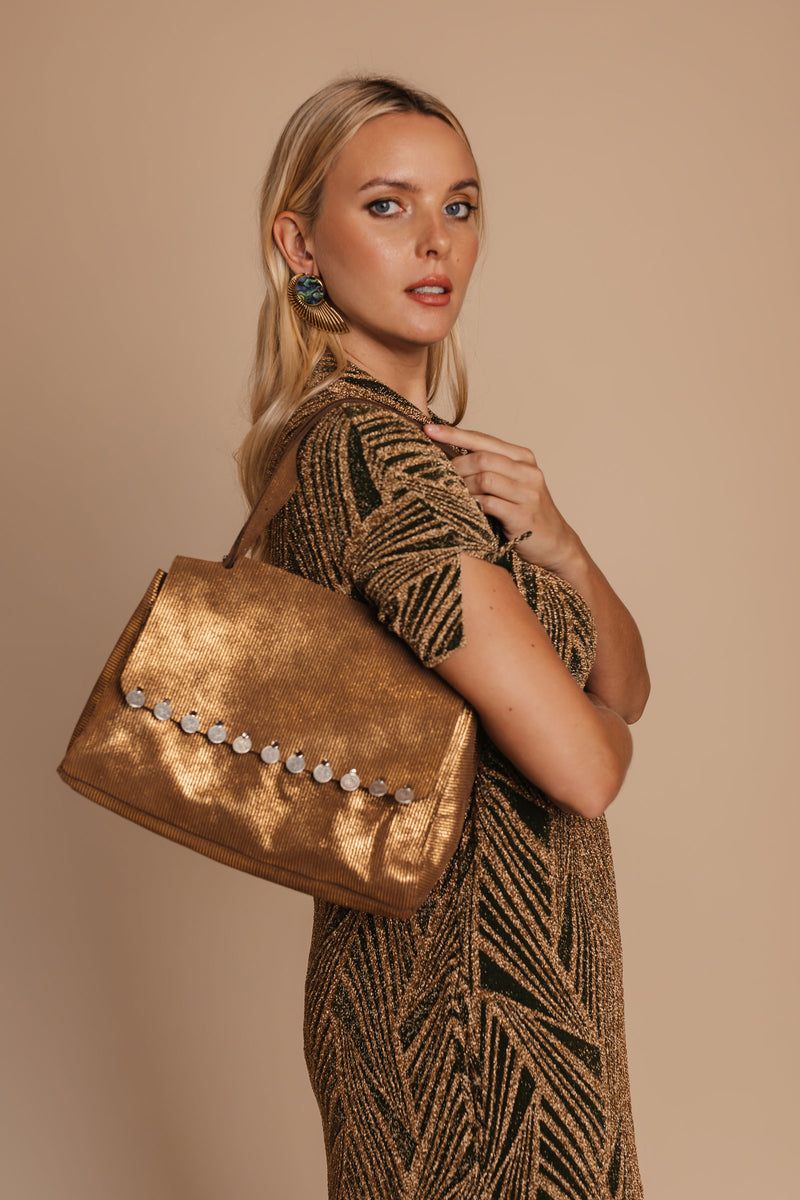 Golden Geometric Kaftan Dress bynes new york