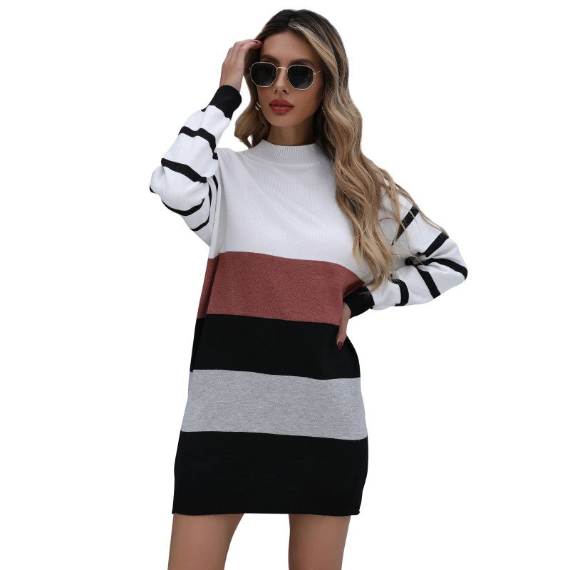 Women Clothing Autumn Winter Color Matching Fashionable Long Knitted Base Sweater Dress