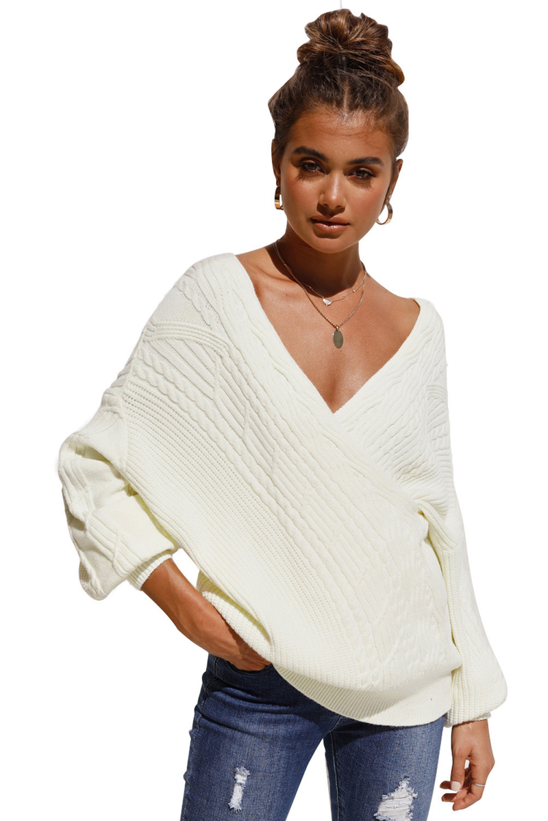 Beige Wrap V Neck Lantern Sleeve Textured Sweater